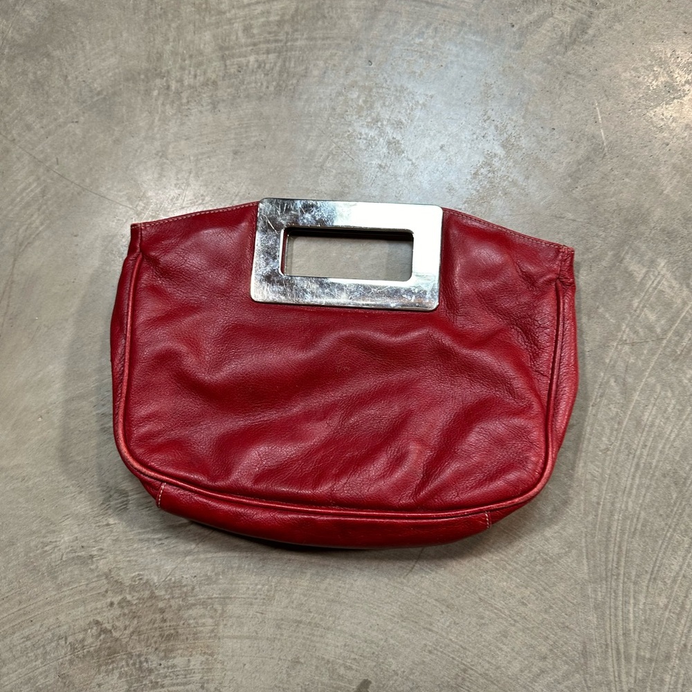 Christopher Kon Canadian Designer Red Leather Clutch with Heavy Metal Handle - Picture 5 of 13